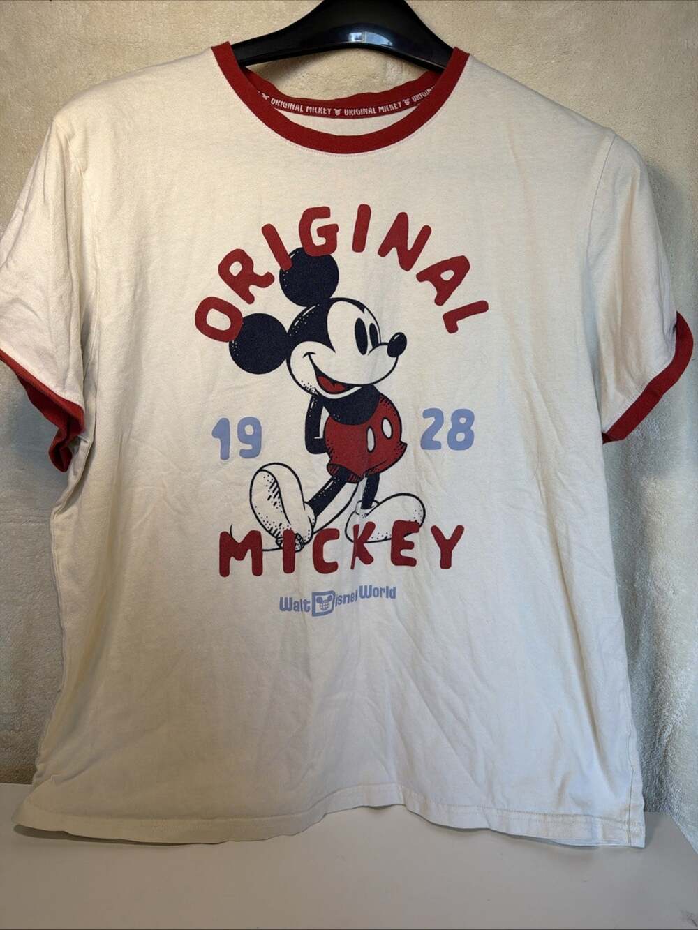 Disney Mickey Mouse Cream Classic Original Mickey 1928 Ringer Graphic Tee Sz XL